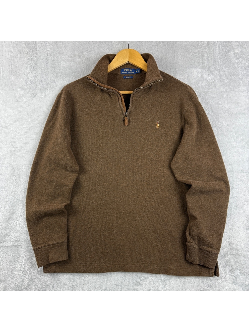 Polo Ralph Lauren Estate Rib Men M Brown Quarter Zip Pullover Sweater Pony Prep